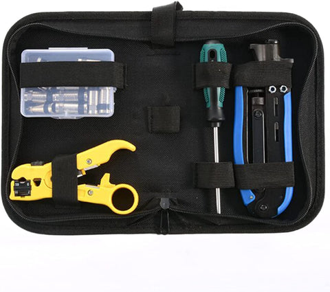Coax Cable Crimping Tool Kit For RG6 RG59 RG11 With Adjustable Wire Stripper And Quick Release Blade Includes F Male And Female To Female Connectors Handy Screwdriver No Sweat DIY Cable TV Internet Install in carrying case