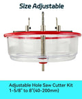 Adjustable hole saw cutter kit with red rim and ABS dust cover, 1-5/8 to 8 in (40–200 mm) for recessed ceiling lights