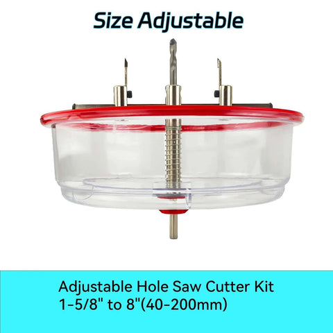 Adjustable hole saw cutter kit with red rim and ABS dust cover, 1-5/8 to 8 in (40–200 mm) for recessed ceiling lights