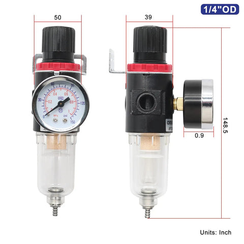 1/4 Inch NPT AFR2000 air compressor filter regulator combo with water oil separator, pressure gauge, manual drain, and brass element
