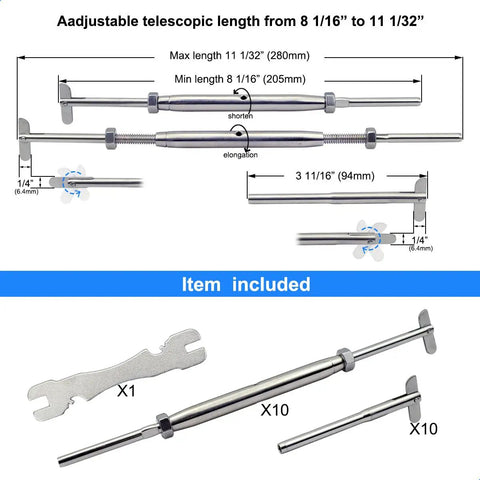 Stainless Steel Cable Railing Hardware Kit For 1/8 Inch Cable Railing System, DIY Friendly Adjustable Angle Drop Pin Turnbuckle Kit For Metal Posts, Multi Angle Stair Railing, 10 Pairs showing dimensions