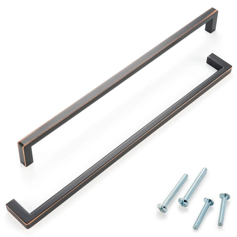 Oil Rubbed Bronze 10 Inch Square Bar Cabinet Pull Handle With 10 Inch Hole Centers Zinc Alloy Smooth Curved Back with included screws.