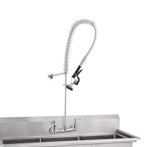 Pro Grade Wall Mount Pre Rinse Kitchen Faucet With Pull Down Sprayer, brass construction, double handle, in 3-compartment sink