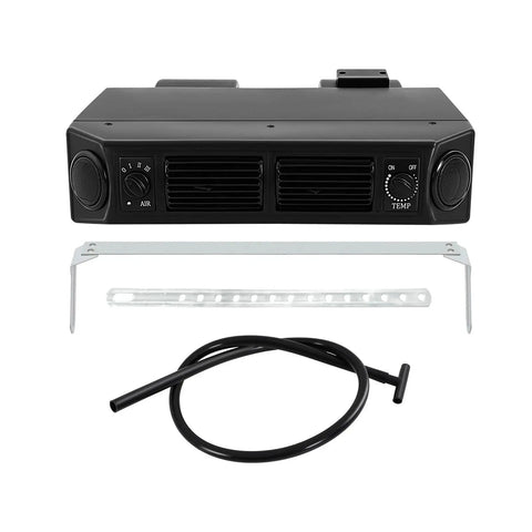 Heavy Duty 12V Under Dash Car Air Conditioner Evaporator With 80W Dual Fans And Three Speed Settings, front view with controls, wiring, and bracket.