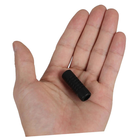 Hand holding black rubber steam wand guard and heat shield for espresso machines easy install insulation cover to prevent burns ultra lightweight.