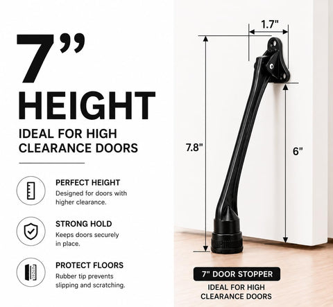 Heavy Duty Kickdown Door Stopper With Extended Reach Design And Rock Solid Zinc Alloy Frame For Tight Grip Non Slip Rubber Foot And No Fuss Screw Mount On Tile Carpet Or Hardwood Floors, 7 inch height ideal for high clearance doors.