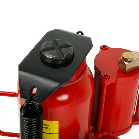 Close-up of Beefy 20 Ton Bottle Jack with manual hand pump and air hydraulic lift for auto and truck repair, heavy-duty red.