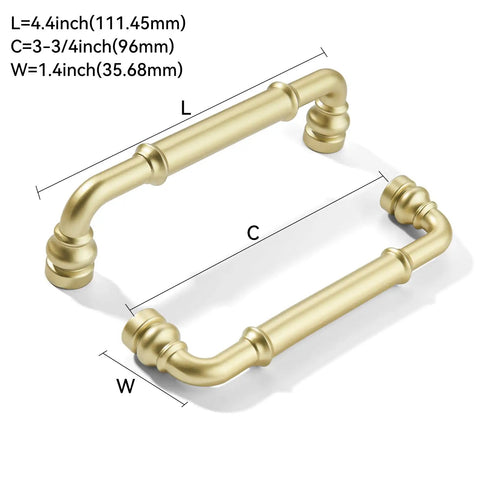 Image of Brushed Gold Cabinet Pulls 2 Pack Three and Three Quarters Inch Center to Center 4.4 Inch Length Matte Gold Drawer Handles with dimensions
