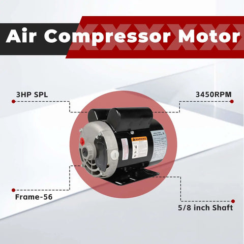 3HP Dual Voltage Air Compressor Electric Motor 115/230V 56 Frame, 5/8 Inch Shaft, CCW Rotation, 3450RPM, Single Phase