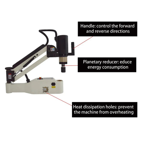 Close-up view of Heavy Duty 1200W Electric Tapping Machine features including handle, planetary reducer, and heat dissipation.