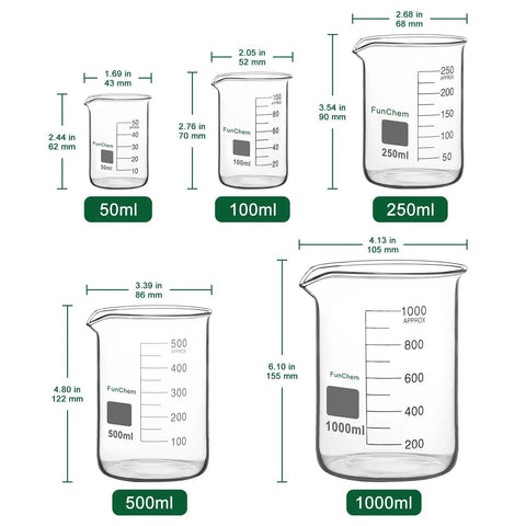 Glass Measuring Beaker Set, Five Piece Borosilicate Griffin Low Form, Graduated Lab Beakers With 50 ml 100 ml 250 ml 500 ml 1000 ml