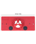 Red woodworking hinge drilling guide jig with central 35mm hole saw hub and two black knobs.