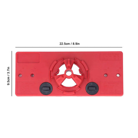 Top Grade 35mm Hinge Hole Saw Jig Kit For Woodworking Pros With Locator Bit And Precise Boring Tool Set displayed from above, featuring sturdy red ABS.