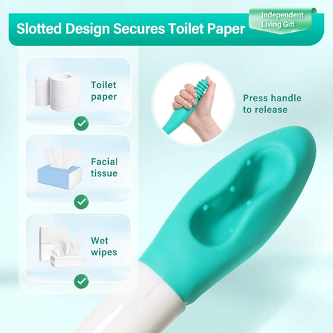 Long Reach Toilet Wiping Aid With Bottom Buddy Extends Your Reach Over 15 Inches No Bend Needed Easy Independent Bathroom Assist For Disabled And Elderly Ergonomic Comfortable Wipe Tool With Gentle Design For Solo Use showing how to secure toilet paper.