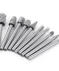 Premium Wood Carving Bits And Flap Wheels Set For Rotary Tools shows ten high-speed steel bits with three millimeter shafts.