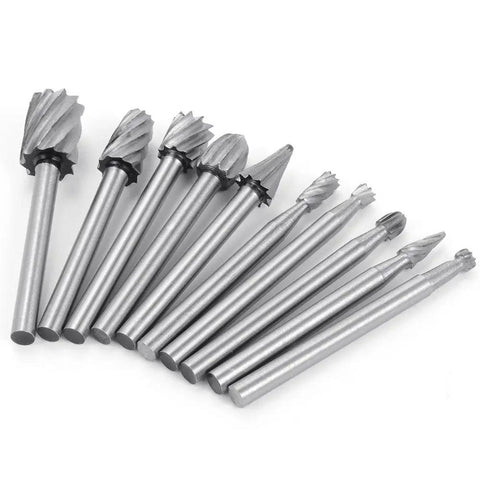Premium Wood Carving Bits And Flap Wheels Set For Rotary Tools shows ten high-speed steel bits with three millimeter shafts.