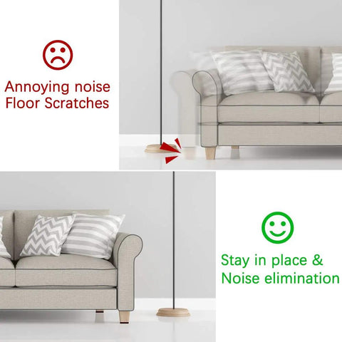 Diagram showing a couch with and without Grippy Non Slip Furniture Pads 12 Pack 4 Inch Self Adhesive Rubber Feet, highlighting scratch prevention.