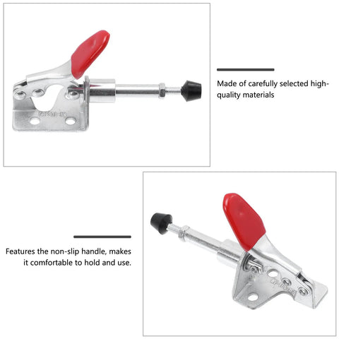 4 Pcs Push Pull Toggle Quick Release Heavy Duty Clamps For Sheet Metal Circuit Boards Workshop Assembly shown with a red non-slip handle.