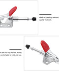 Four Pack Horizontal Toggle Clamps With Push Pull Quick Release For Workholding And Fixture Applications Workhorse Grade Hand Tool Clips For Secure Fastening And Easy Setup In The Workshop.