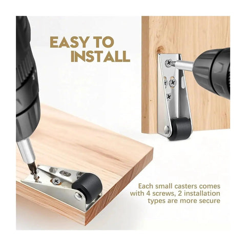 Installation of Heavy Hauling Farm Gate Roller Wheels Kit With Slick Ball Bearing Glide on wooden panel with drill.