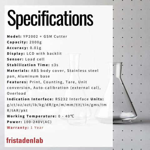Specifications for Digital Textile Scale And GSM Cutter Kit For Fabric Pros And DIYers, 2000g X 0.01g Precision YP2002 model.