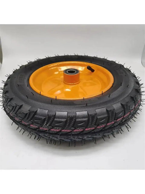 Heavy Duty 14 Inch Pneumatic Tire Wheel Kit With Solid Steel Plate Hub For Carts Dollies And Trailers top view showing tread and hub.