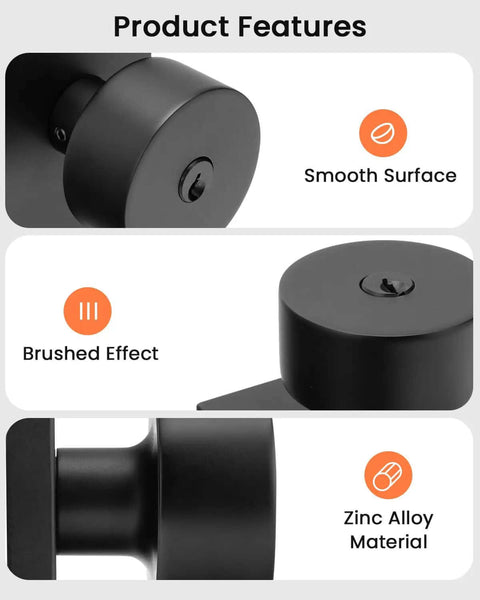 Matte Black Exterior Door Lock Set With Deadbolt, featuring smooth surface, brushed effect, and zinc alloy material details.