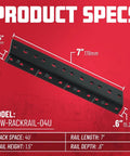 Rugged Steel Rack Rail Set For 4U Rack Size With Pre Threaded Cold Rolled Steel Construction, showing dimensions and model GRW-RACKRAIL-04U.