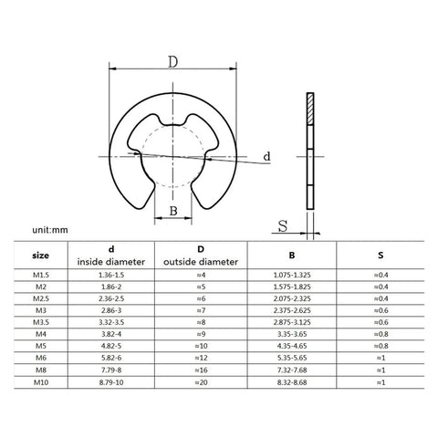 Technical diagram and size chart for 580 Piece Assorted Retaining Ring And O Ring Kit For Mechanical Fasteners 1 To 10 Mm External E Clips Snap Circlips Stainless Steel And Black Carbon Steel DIY Friendly Heavy Duty Repairs For Home And Pro Shop Use.