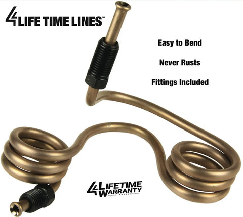 Copper Nickel Brake Line Replacement Kit 3/16 x 25 ft with Inverted Flare Fittings shown coiled with branding