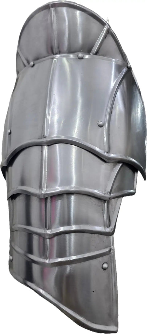 Epic Medieval Pauldron Armor Set Spaulders Pair with silver metallic finish for cosplay and LARP battles close-up view