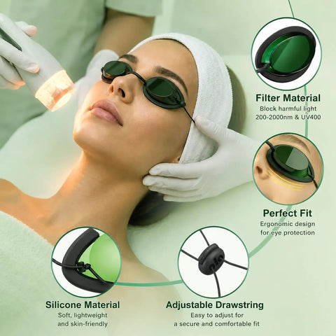 IPL Laser Safety Goggles With Anti Fog Lenses For Hair Removal And Tanning Sessions Offering 200Nm To 2000Nm Blocking being used for eye protection.