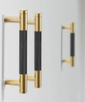 10 Pack Gold And Black 3 3/4 Inch Brass Round Knurled Pattern Drawer Pulls Cabinet Handles installed on a cabinet door