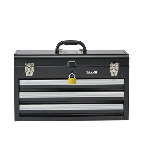 Tough As Nails Steel Tool Box With Three Smooth Rolling Drawers Secure Locking System Powder Coated Finish EVA Padded Trays, black with lock.
