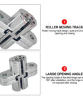 2 Pack Ball Bearing Hidden Door Hinges 180 Degree Concealed Cross Hinges With Screws, showing roller moving track and large opening angle