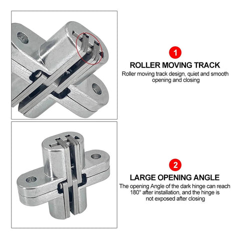 2 Pack Ball Bearing Hidden Door Hinges 180 Degree Concealed Cross Hinges With Screws, showing roller moving track and large opening angle