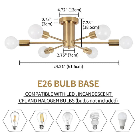 Gold Modern Sputnik Ceiling Light Chandelier With Six Heads Dope Semi Flush Mount Fixture For Living Room Bedroom Dining Kitchen And Office Space Modern Ceiling Lamp With Elegant Geometric Design And Symmetrical Light Spread