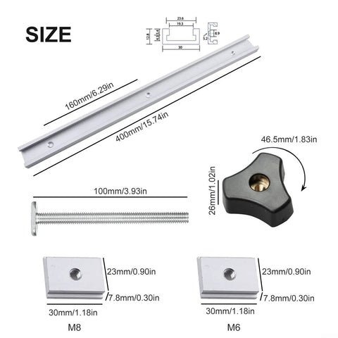 Aluminum T-Track Rail Set 400mm With M6 M8 Sliders And Handles, T-Slot Track System measurements and components.