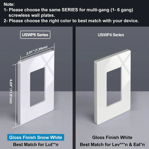 50 Pack 1 Gang Screwless Decorator Wall Plate In Gloss Snow White, Slim 0.28 Inch Profile, Size H4.69 x W2.91, product display.