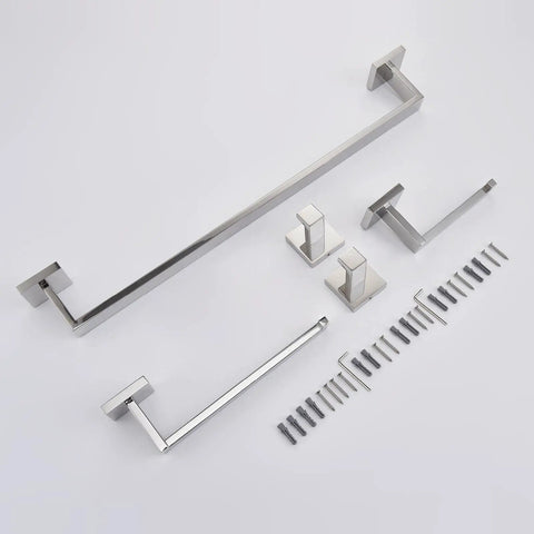 Slick Matte Black 5 Piece Bathroom Hardware Set Stainless Steel Wall Mounted Kit Includes 23.6 Inch Towel Bar 9 Inch Towel Bar Toilet Paper Holder And Two Robe Hooks Rustproof SUS304 Bath Accessories For Modern Homes displayed with hardware on a white background.