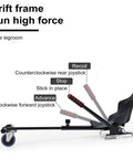 Side view of hoverboard seat attachment with adjustable straps, showing joystick directions for safe and stable riding.
