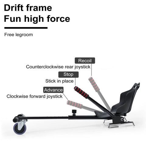 Side view of hoverboard seat attachment with adjustable straps, showing joystick directions for safe and stable riding.