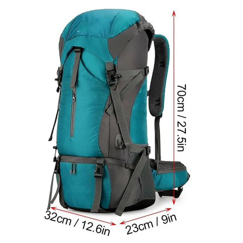 70L Hiking And Camping Backpack For Outdoor Adventures with Water Resistant Ripstop Fabric and Webbing Straps side view