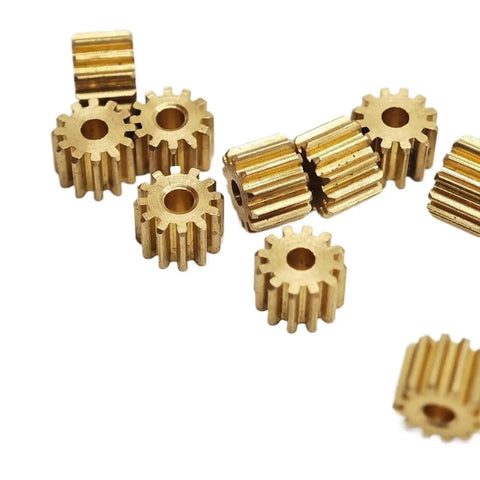 Five Pack 0.4 Module Brass Spur Gears Set, 4mm Thick, Straight Cut, 11T 12T 13T 14T Teeth, Tight Fit Bores 1.5mm, 1.98mm, 2mm, Easy Install For RC Cars, Drones, And Robotics Projects, brass spur gears on white