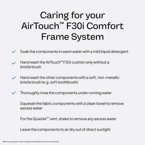 Care instructions for AirTouch F30i Comfort Frame System including cleaning and drying steps.