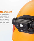 ALG-03 Headlamp Helmet Mount With EdisonBright Battery Case attached to orange helmet for HL55 and HL60R