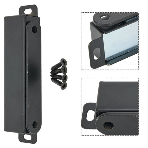 Beefy Magnetic Door Catch With 40 Kg Pull For Cabinets And Cupboards Stainless Steel Latch For Sliding Glass Doors And RV Black Finish Includes Mounting Kit XL shown with mounting screws and details