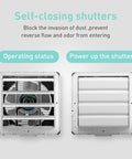 Window Shutter Exhaust Fan With Reversible Airflow 470 CFM 12 Inch Wall Mount Attic Fan showing open and closed shutters