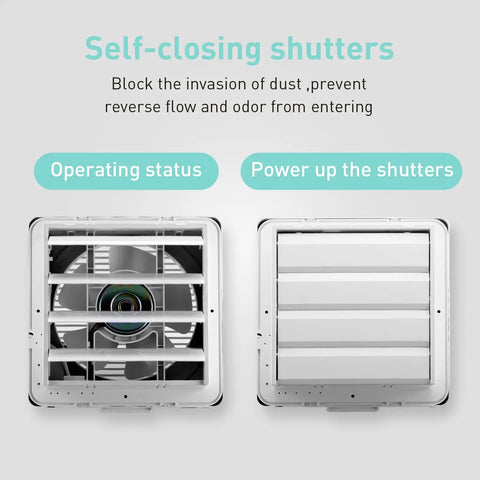 Window Shutter Exhaust Fan With Reversible Airflow 470 CFM 12 Inch Wall Mount Attic Fan showing open and closed shutters
