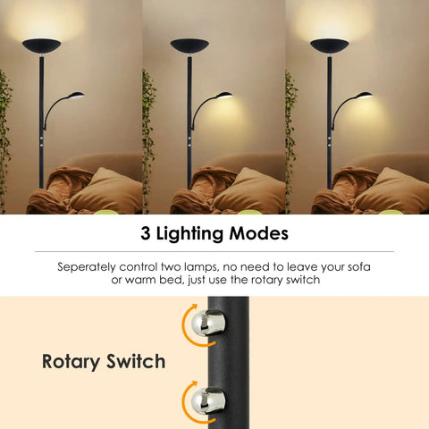 Dimmable LED Floor Lamp With 20W Main Light And 5W Reading Lamp 2500 Lumens Of Warm 3000K Glow for 3 lighting modes and rotary switch
